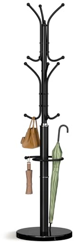 Yoobure Metal Coat Rack Freestanding with Marble Base, Coat Tree with 12 Hooks & Umbrella Holder, Coat Hanger Stand for Corner Entryway Bedroom Office, Heavy Duty Coat Rack Stand for Clothes Hats Bags
