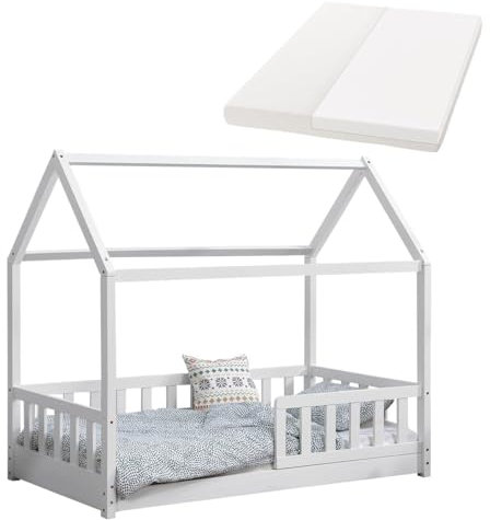 Juskys Kinderbett Marli 80 x 160 cm mit Matratze, Rausfallschutz, Lattenrost & Dach - Massivholz Hausbett für Kinder - Bett in Weiß