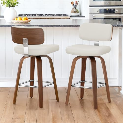 LUE BONA 360°Drehbarer Barhocker 2er Set mit Lehne,67cm Hoch Drehsessel–Barstuhl Holz mit 7cm Kunstleder Sitzfläche,Bar Hocker mit 4 Holzbeinen,Moderner Barstuhl für Küche,Theke,Weiß