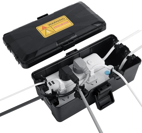 Romon Kabeltrommel IP54 Zertifizierte Wetterfeste Anschlussbox Kompatible Steckdosenleiste mit Verlängerungssteckdose 6 Kabeleinführungen Strapazierfähiges PP Material Wandmontierte Kabelbox Schwarz