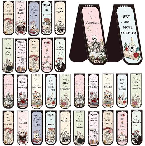 30 Pcs Bookish Colorful Skull Magnetic Bookmarks: Gothic Style with Distinct Skull Designs, Gift for Readers, Students, and Stationery Lovers