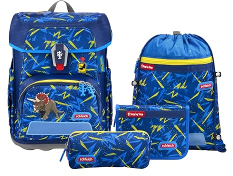 Step by Step Schulranzen-Set Cloud schleich® Dinosaurs Triceratops“ 5-teilig, blau-gelb, ergonomischer Tornister mit Reflektoren, höhenverstellbar mit Easy Belt für Kinder ab der 1. Klasse, 19L