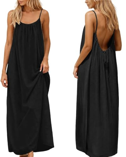 nnOuOnn Backless Cami Dress for Women Summer 2026 Sleeveless Long Maxi Casual Sundress Ladies Flowy Open Back Lounge Dresses for Holiday Beach Vacation Back Tie House Dress in Solid Color (L, Black)