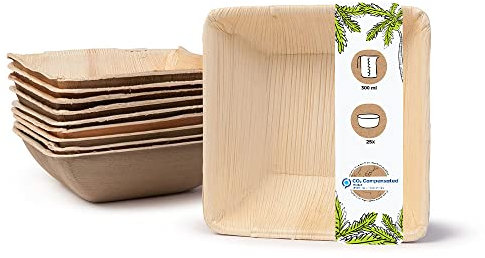 BIOZOYG Palmblatt Geschirr, Schale 25 Stück 300 ml 13 cm quadratisch - Einweg Suppenteller Salatschale kompostierbar Palmblatt Schüssel - Einweg Bowl Partygeschirr