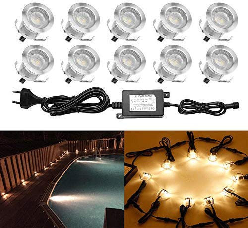 QACA Led Spot Mini Exterieur encastrable,Luminaire encastré 30mm IP 67 Eclairage Escalier Spot Exterieur Led Encastrable DC 12V 0.6W pour Patio Piscine Paysage (blanc chaud, 10 kit)