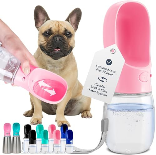 MalsiPree Hunde Wasserflasche - Auslaufsicher & Tragbarer Welpen Wasserspender mit Trinkfutterstation für Haustiere - Hundezubehör zum Spazierengehen, Wandern, Reisen - Welpen Zubehör - Rosa, 350ML
