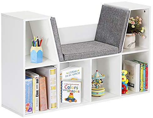 COSTWAY Kinder Bücherregal mit Kissen, 6 Fächer Kinderregal aus Holz mit Rückenwand, Aufbewahrungsregal Würfelregal Bücherschrank für Kinderzimmer Schlafzimmer, 103 x 30 x 63cm (Weiß)