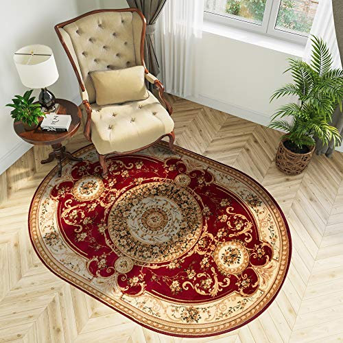 TAPISO Yesemek Teppich Oval Klassisch Gemustert Kurzflor Oriental Floral Ornament Rot Creme Bordüre Schlafzimmer Wohnzimmer ÖKOTEX 60 x 100 cm