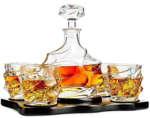 Storm Japanese Crystal Whisky Decanter Set with 4 Tumbler Glasses, Lead-Free Liquor Carafe & 10oz Rocks Glasses - Scotch, Bourbon, Spirits & Wood Base Elegant Barware Gift for Men, Japan Design Gifts