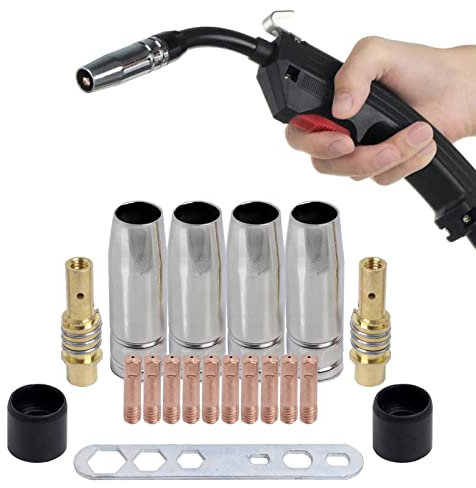 19 Teile MIG MAG Schweißbrenner Verschleißteile für 15AK MB15, 4x Gasdüse, 2x Düsenstock, 10x Stromdüse M6 0,8 mm, 2x Isolator, 1x Werkzeug