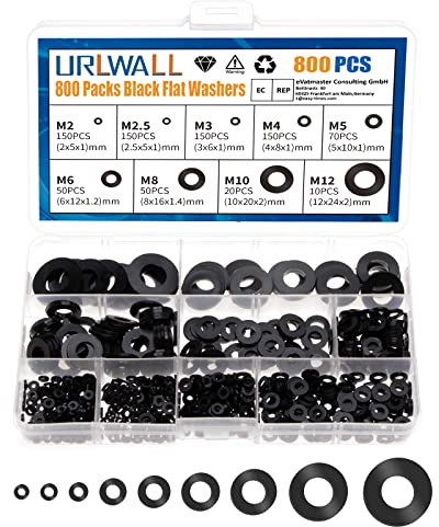 URLWALL 800Pcs Nylon Flat Washer Assortment Set, Washers Metric Sealing Spacer Gasket Ring Washers Set, 9 Sizes - M2, M2.5, M3, M4, M5, M6, M8, M10, M12(Black)