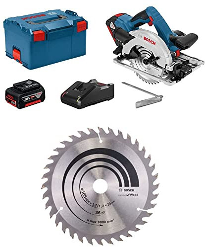 Bosch Professional Akku-Handkreissäge GKS 18V-57 G (kompatibel mit Führungsschiene, inkl. 2x4.0 Ah Akku, in L-BOXX 238) + Kreissägeblatt Optiline Wood für Handkreissägen, 165 x 20/16 x 1,7 mm, 36