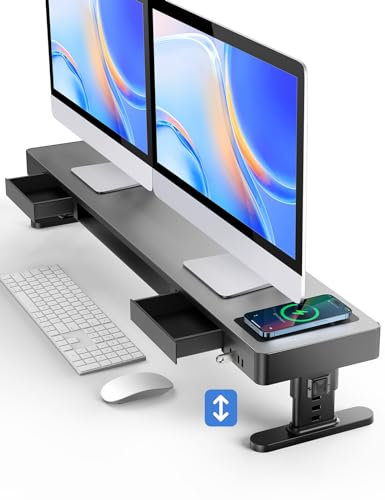meatanty Dual-Monitorständer mit 4 verstellbaren Höhen, Auto-Ladepad, 4 USB-Anschlüsse, Computer-Erhöhung mit Schubladen, Metall-Doppel-Schreibtisch-Organizer, Hebererhöhung für 2 Monitore,