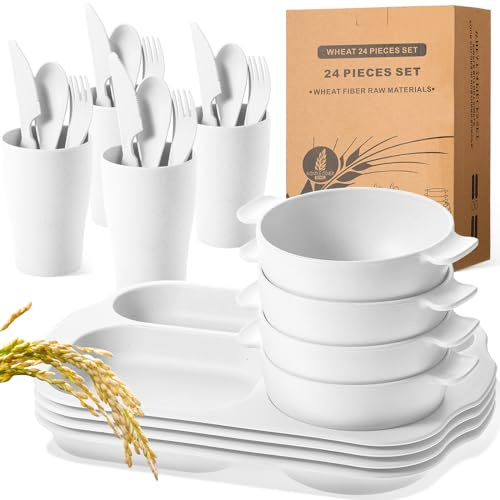 24 Pcs Wheat Straw Dinnerware Cutlery Set for Aldult Including Divided Plates Microwave Dishwasher Safe Bowl Unbreakable Tableware Straw Cutlery Spoon Knife Fork(White)