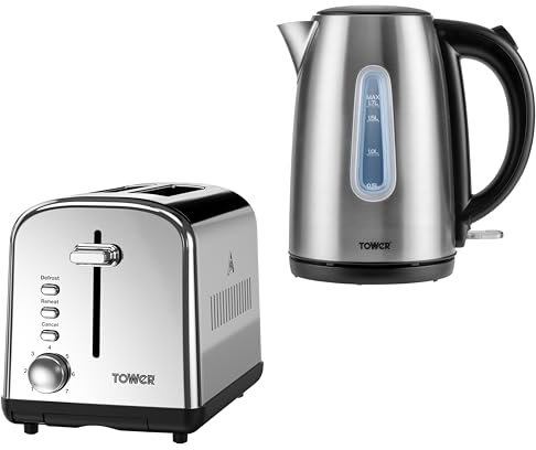 tower Infinity Brushed Steel 1.7L 3KW Jug Kettle & 2 Slice Toaster. Matching Stainless Steel Kettle & Toaster Set