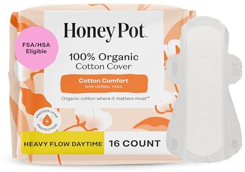 100% Organic Cotton Cover Heavy Flow Daytime Pads, 16 Count, The Honey Pot Company