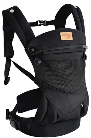 vrbabies Babytrage für Neugeborene ab Geburt, Weich Atmungsaktiv Babytrage mit verstellbarem Hüftgurt Schulterriemen und Kapuze, Schwarz Baby Trage Vorne und Hinten Tragen für Babys 4-20kg
