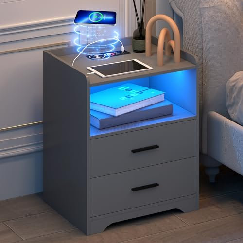 LVSOMT Nachttisch Mit Bunten Lichtern, RGB Ladefunktion & USB, Steckdose Und LED, Modernes Nachtschrank Holz Für Schlafzimmer, Beistelltisch Mit Beleuchtung (Grau)