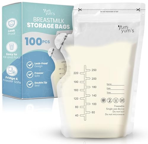 Yum Yum's 100 Pcs x 250ml Breast Milk Storage Bags - Disposable No-Leak Pouches w/Secure Double Zipper Seal & Pour Spout - Pre-Sterilised Freezer Bags - Easy Labeling for Date & Volume