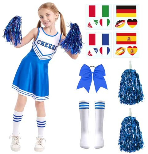 SFNN 5er Set Cheerleader Kostüm Kinder,Cheerleadering Outfit Mädchen mit Pompoms,Socken,Tattoo-Aufkleber und Kopfschmuck,Cheerleading Uniform Kleid,Kinder Cheerleadering für Karneval Party (Blu, 140)