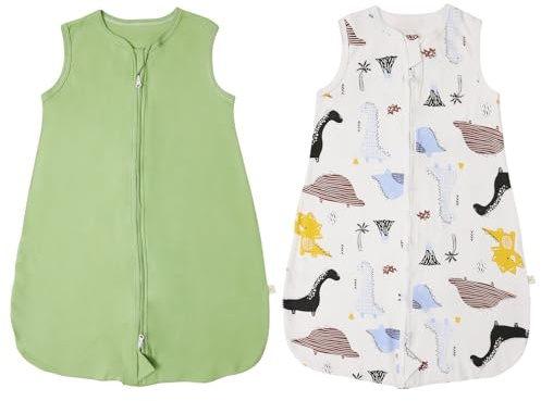 RUIOMII Paquete de 2 Saco Dormir Bebe Verano de 12 a 24 Meses, Suave Saco Dormir Bebe Tog 0.5 de Algodón con Cremallera para Bebés, Dinosaurios y Verde