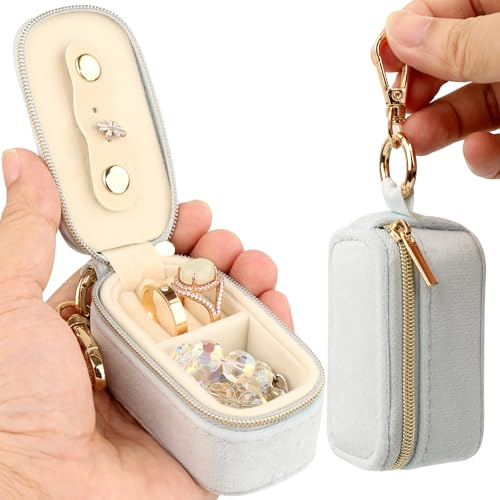 Aonstyna Small Jewelry Ring Holder Box with Keychain,Portable Gym Travel Jewelry Case Organizer Velvet Mini Ring Earring Stud Necklace Storage Case