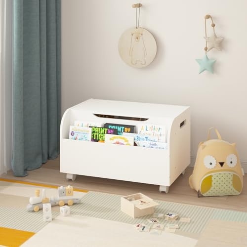 GM Ultra Wooden Box with Front Bookshelf & 4 Universal Wheels, Kids Storage Box Organizer & Bench with Flip-Top Lid and Safety Hinge, Side Handles for Kids Room, Montessori Classroom Furniture White
