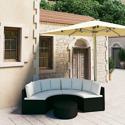 Kaloriko Ensemble de 5 canapés de jardin en polyrotin noir avec coussins, en forme d'éventail, pour terrasse, balcon et jardin, robuste et facile d'entretien