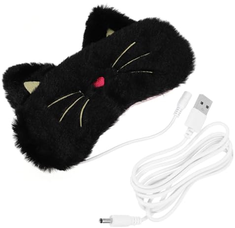 CATIEBYE Antifaz Térmico USB para Ojos Bloqueo de Luz, 3d Ajustable de Felpa Negra en Forma de Gato, Máscara Calentable para Dormir, Aliviar Fatiga Visual y Mejorar Sueño en Casa, Oficina