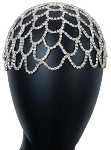 RUNRAYAY 1920S Copricapo con strass in cristallo argento Cappellini con catena con strass vintage Argento ruggente anni '20 Accessori per capelli Great Gatsby Cappello con catena per capelli