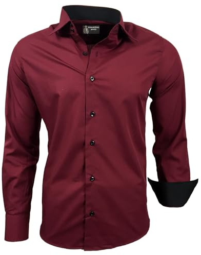 Subliminal Mode - Repassage Facile Chemise Homme Col Bicolore Uni Manches Longues Coupe Slim Business Idée Cadeau, Noël, Saint Valentin RN44,XXL,Rouge