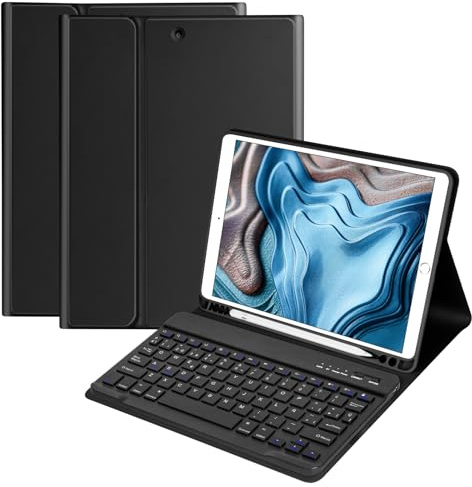 HOTLIFE Funda con Teclado para iPad 10.2 9th Gen 2021/iPad 8th 2020/iPad 7th 2019, Español Ñ con Inalámbrico Desmontable Teclado (QWERTY) para iPad Pro 10.5 2017/iPad Air 3 2019(Negro)