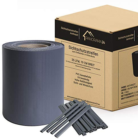 Panorama24 Tiras de protección visual de PVC antracita RAL7016, 35 metros x 19 cm, incluye clips de fijación, doble varilla para valla de jardín, lámina opaca