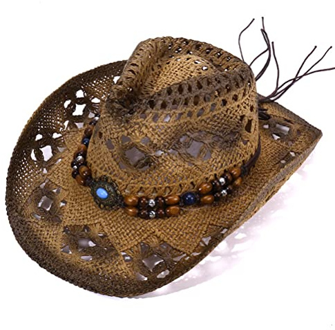 Sombreros Cowboy para Hombre,Estilo Vintage Sombrero de Vaquero de Paja Unisex para Mujer de ala Ancha Hueco Transpirable con Banda de Adorno de Cuentas Estilo Occidental para Viajes