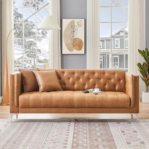 HIFIT 79 W Brown Faux Leather Sofa Couch with 2 Pillows, 3 Seater Couches for Living Room, Handmade Button Tufted Cushions and Metal Legs, Modern Leather Sofa for Apartment, Office