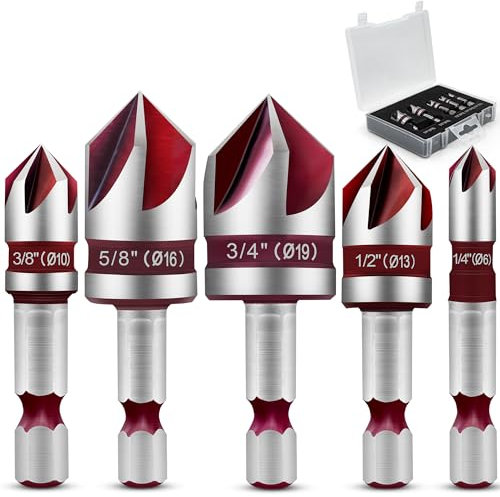 ASNOMY 5-teiliges Senker-Bohrer Set für Metall, Kegelsenker 82°, Senker und Entgrater Set, 5-schneidiges Senker-Bit-Set für Metall, Holz, Versenker, Holzsenker