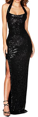 Abito da sera da donna, elegante, per matrimonio, lungo, con paillettes, scollo a V, senza maniche, stretto, con spacco laterale, con brillantini, abito da festa, sexy, maxi abito da cocktail, Nero ,