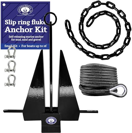 Greenfield Complete Boat Anchor Kit (Up to 16' and 24' Sizes) Comes with Fluke Anchor, Anchor Chain, Anchor Rope, Shackles. Black Coated Fluke Kit. Boat Accessories Marine