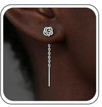 Inateannal Boucles d'oreilles enfile fleurs en argent boucles d'oreilles pendantes longue chaîne fleurs roses boucles d'oreilles pendantes minimalistes boucles d'oreilles barre d'enfilage bijoux pour