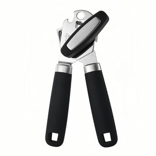 RUNZI Manual Black Stainless Steel Can Opener with Sharp Blade, Heavy Duty, Bottle Opener