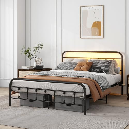 Maliacife Queen size-sängram med laddningsstation, metallplattformssäng med LED-sänggavel, undersängsförvaring, stållameller madrassfundament, ingen lådfjäder behövs, bullerfri, svart