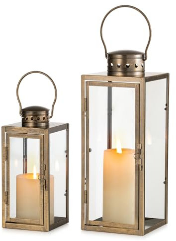 NUPTIO Linternas Vintage Oro Distressed: 24 35cm Alto Colgante Decorativo Farmhouse Metal Farol Decoración Interior con Vidrio - Portavelas para Halloween Hogar Manto Sala Patio
