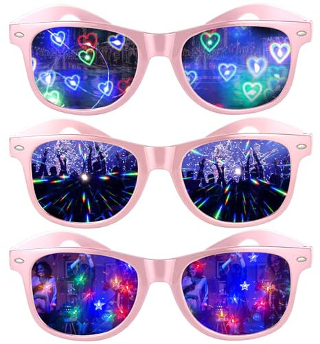 3Pcs Diffraction Glasses Kaleidoskop Brille Diffractions Party Brille Prisma Brille Heart Refraction Glasses Diffraction Prisma Brille mit 3D Prisma Herz Stern Effekt für Tanzlichtshow Musikfestival