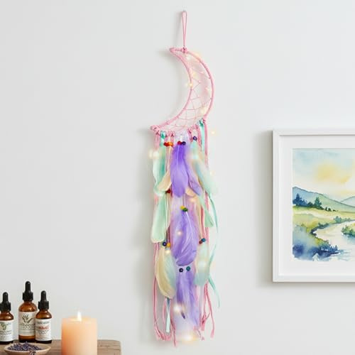 Macrame Wall Hanging with LED Light,Moon Dream Catcher Woven Tapestry Bohemian Home Decor Wedding Party Ornaments Craft Gifts Ramadan Decorations for Home(Colorful feathers)