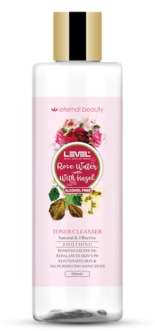 Level Rose Water with Witch Hazel Toner, Alcohol-Free Natural Facial Cleanser, 200ml, Soothing Anti-Aging Formula