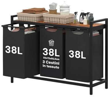 Avilia – Mobile Portabiancheria con 3 Scomparti e Sacchi Estraibili in Stoffa su Struttura in Acciaio, 114L, per Bagno o Lavanderia, Ripiano in Legno MDF, Salvaspazio e Multiuso
