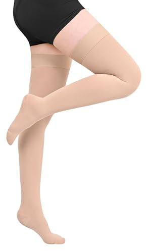 Evolyline Medical Medias de Compresión Mujer Hombre 15-20 mmHg, Clase I Muslo Largas Calcetines de Compresión Medias de Apoyo Cerrado Banda de Silicona para Apoyo Graduado Venas Varicosas, beige, M