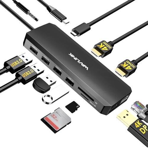 WAVLINK Hub USB C triple moniteur 12 en 1 pour ordinateur portable, adaptateur multiport avec double HDMI 4K, 4K DP, 100 W PD IN, USB 3.0, USB 2.0, RJ45, SD/TF, audio/microphone