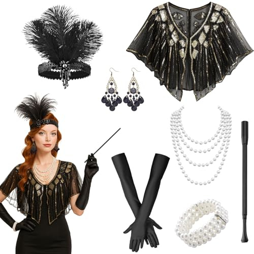 GWAWG 1920-tals damtillbehör, set, charleston, damtillbehör, jul, karneval, halloween, tillbehör för kvinnor, tillbehör (champagneguld)