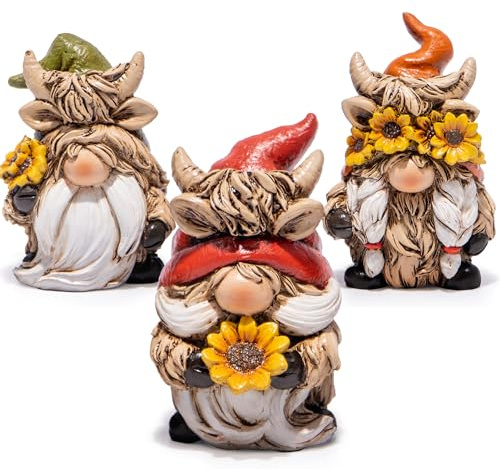 ZAWUU Highland Cow Gonk Set of 3, Resin Sunflower Animal Ornaments for Home Decor, Scottish Farmhouse Figurines for Kitchen Worktop, Tiered Tray and Living Room Shelf